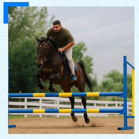 Horse and rider jumping colored hurdle outdoors, unrelated to Adjustable Wing Jump Hurdles For Dog Agility Training