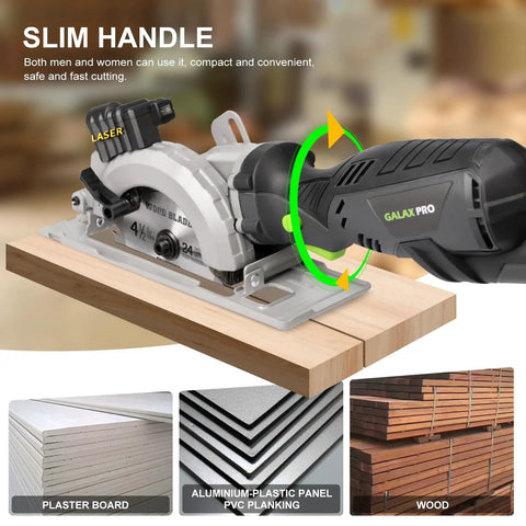 Powerful Compact Circular Saw With Laser Guide, 5.8 Amp, 3500 RPM cutting wood with 4-1/2 inch TCT blade, bevel 45 degrees