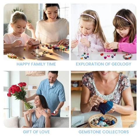 Family using Ultra Quiet Rock Tumbler Kit With Noise Reduction Cover for STEM learning and collecting gemstones at home.