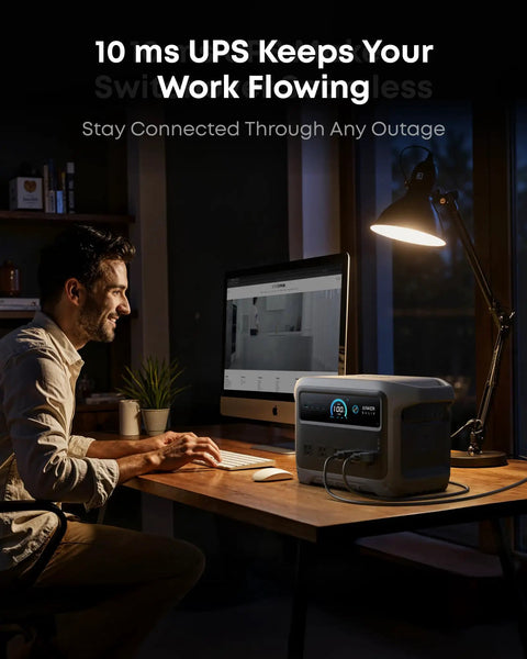 Man working at desk powered by SOLIX C1000 Gen 2 Portable Power Station With 2000W Continuous Output And 3000W Peak, 1024Wh LiFePO4 Battery