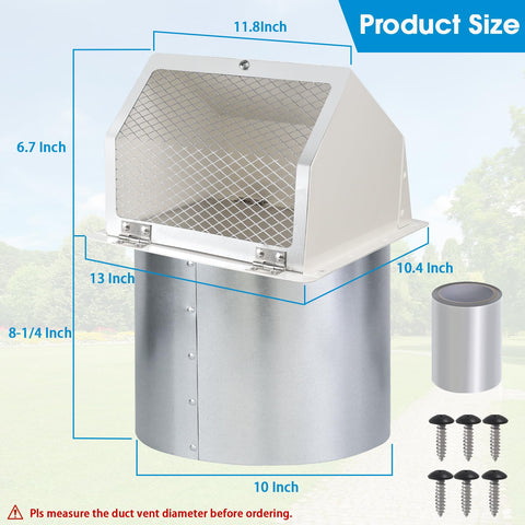 10 Inch Hooded Wall Vent With Screen And Damper For Outdoor Exhaust, shown with dimensions and included screws.