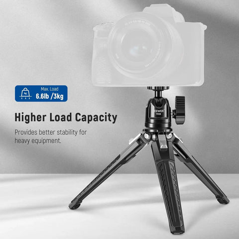 Go-To Mini Metal Table Tripod With 360 Degree Ball Head for Camera, non slip feet, max 3 kg, shown with heavy equipment.