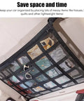 Heavy Duty Car Ceiling Cargo Net For Tesla Cybertruck double layer overhead storage mesh with various items organized.