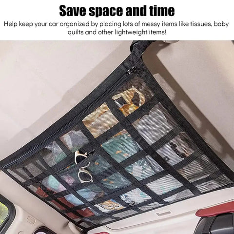 Heavy Duty Car Ceiling Cargo Net For Tesla Cybertruck double layer overhead storage mesh with various items organized.