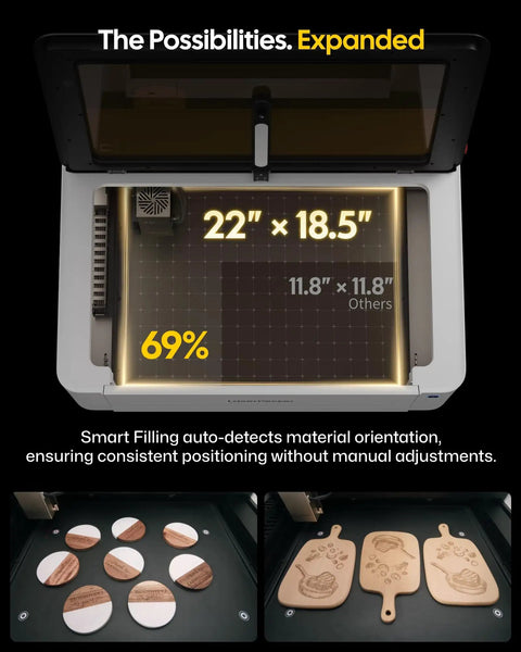 40W Laser Cutter Engraver with 22x18.5 inch material area for batch engraving on wood, featuring smart filling function.