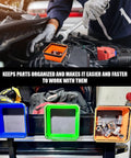 Collapsible Magnetic Parts Tray With Double-Sided Base, 4.5 Inch Square Silicone Tool Tray in use holding metal parts in a garage.