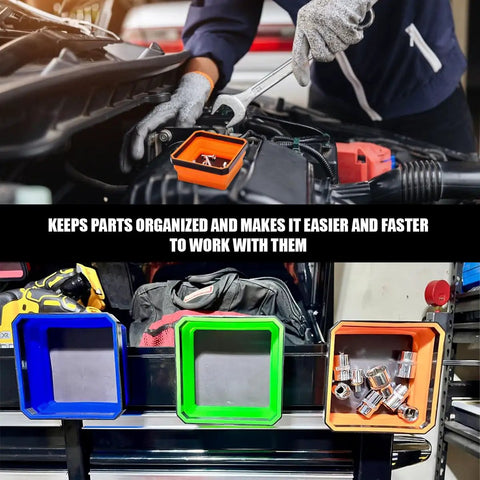 Collapsible Magnetic Parts Tray With Double-Sided Base, 4.5 Inch Square Silicone Tool Tray in use holding metal parts in a garage.