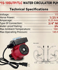 Heavy Duty Hot Water Recirculator Pump With Built In Digital Timer 115V Smooth Operator One Twenty Fifth Horsepower 3/4 By 1/2 Inch Npt Reducing Union Zero Drama Ready To Roll Direct Replacement For Grundfos U P 15 T L C And 595916 specifications on display, showing technical details and connections.