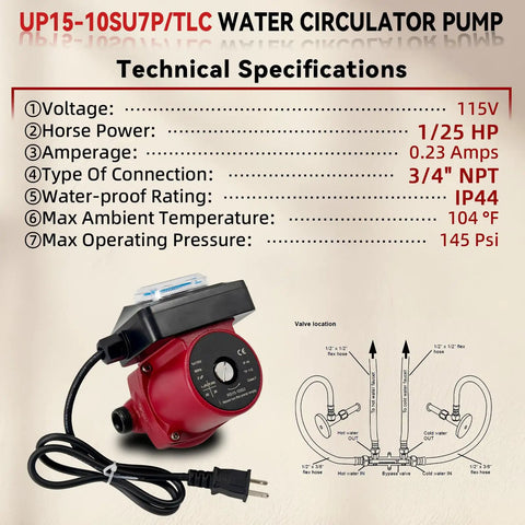 Heavy Duty Hot Water Recirculator Pump With Built In Digital Timer 115V Smooth Operator One Twenty Fifth Horsepower 3/4 By 1/2 Inch Npt Reducing Union Zero Drama Ready To Roll Direct Replacement For Grundfos U P 15 T L C And 595916 specifications on display, showing technical details and connections.