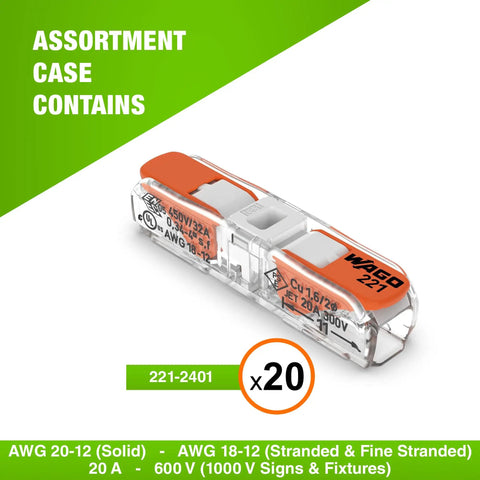 Lever Nut Wire Connectors Kit Inline 20 Piece 2212401 Pack in clear casing, suitable for 20-12 AWG solid, stranded conductors.