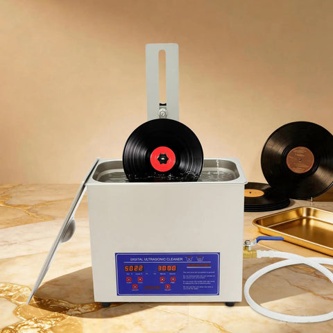 Pxolerig 6.5L Commercial Vinyl Record Cleaner With Adjustable Timer And Temp Control Digital Led Display immersed in cleaning water.