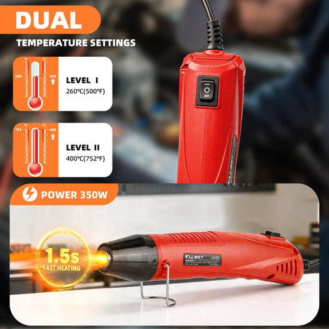 Mini Heat Gun For Wire Connectors And Heat Shrink Tubing, 350W Dual Temp 482F 752F, shown with temperature settings and power mode