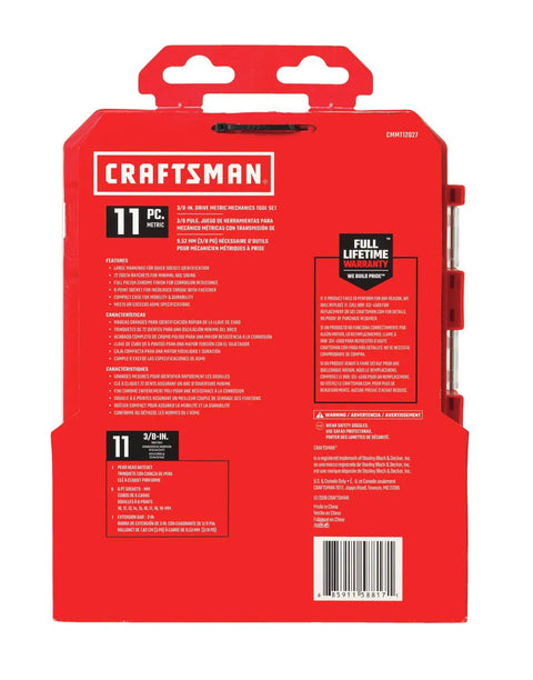 Back of packaging for Three Eighths Inch Drive Socket Set With Ratchet, 11 Piece Metric Sockets In Case, Lifetime Warranty details