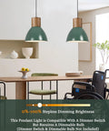 Vintage Green Industrial Pendant Light With Solid Wood And Iron Adjustable Height Ceiling Fixture above dining table in room