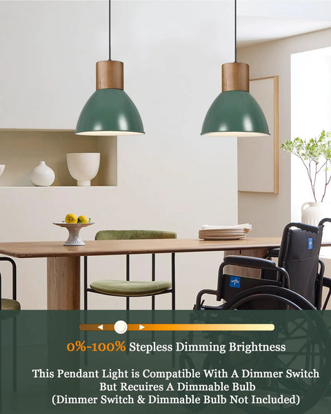 Vintage Green Industrial Pendant Light With Solid Wood And Iron Adjustable Height Ceiling Fixture above dining table in room