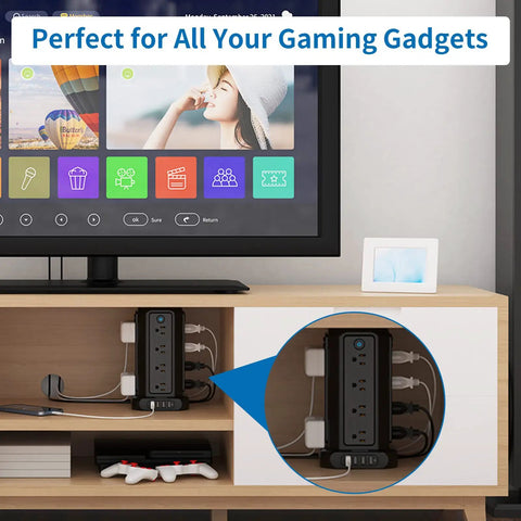 Ultimate Surge Protector Power Strip Tower With 16 Widely Spaced Outlets And 4 USB Ports, 15 Ft Cord in a gaming setup.