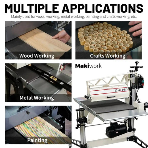 Multiple applications of Drum Sander Feed Belt For 22-44 Pro Drum Sander, shown in woodworking, crafts, metalworking, and painting.