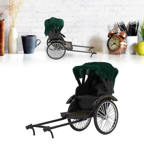Retro Alloy Rickshaw Model Miniature Decor Showcasing Legit Vintage Charm And Dope Zinc Construction Perfect For Adding Cool Shelf Appeal Or Making A Solid Nostalgic Display Accent In Black, detailed view on a desk.