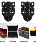 Two Pack Small Toggle Latches for Wooden Boxes and Guitar Cases, black iron latch set on display with example uses