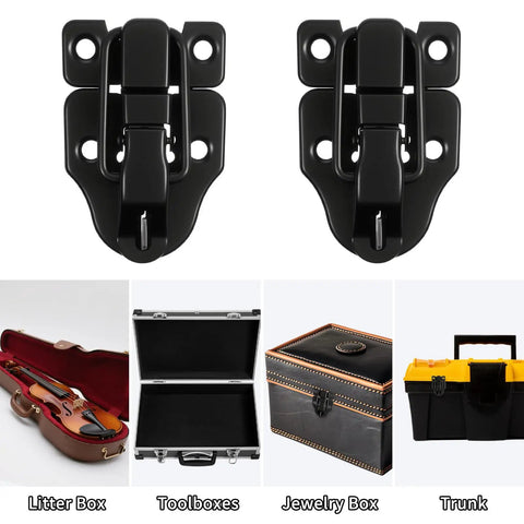Two Pack Small Toggle Latches for Wooden Boxes and Guitar Cases, black iron latch set on display with example uses