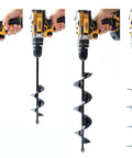 Planting auger bit set, 4 sizes (1.6x9, 2.4x12, 3.2x16, 4x16) shown with a yellow and black cordless drill