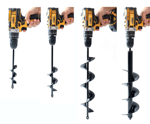Planting auger bit set, 4 sizes (1.6x9, 2.4x12, 3.2x16, 4x16) shown with a yellow and black cordless drill