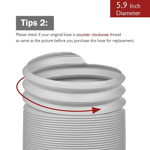 Close-up of Portable Air Conditioner Exhaust Hose 5.9 Inch Outer Diameter showing counterclockwise threads and expandability.