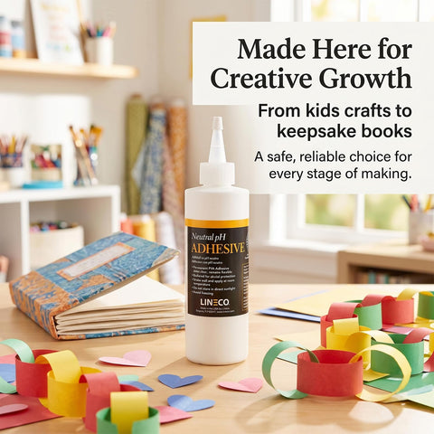 Neutral pH All Purpose Glue For Book Binding And Crafts, 8 Oz, Acid Free Adhesive in creative craft setting with colored paper