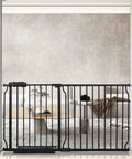Extra Wide Indoor Baby Gate For Doorways And Stairs Pressure Mounted Walk Through Black Metal Gate in room setting
