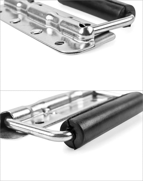 Close-up of Stainless Steel Spring Loaded Case Handles 4 Pack 122mm with rubber grip, showing details of the 304 grade cabinet hardware.