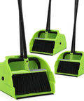 Triple Pack Super Sized Commercial Broom And Dustpan Set With Extra Long Handle, green heavy duty scoop with long handles.