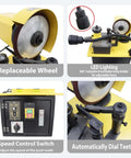 Beefy Automatic Circular Saw Blade Sharpener Packing A Heavy 250W Motor And Lightning Fast 4000 RPM Grinding Power For Thin Welded And Carbide Steel Cutters Across A Sixty To Three Fifty Millimeter Span, showing replaceable wheel and speed control.
