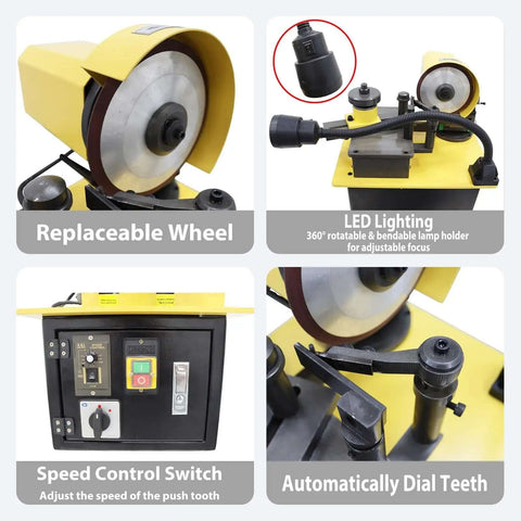 Beefy Automatic Circular Saw Blade Sharpener Packing A Heavy 250W Motor And Lightning Fast 4000 RPM Grinding Power For Thin Welded And Carbide Steel Cutters Across A Sixty To Three Fifty Millimeter Span, showing replaceable wheel and speed control.