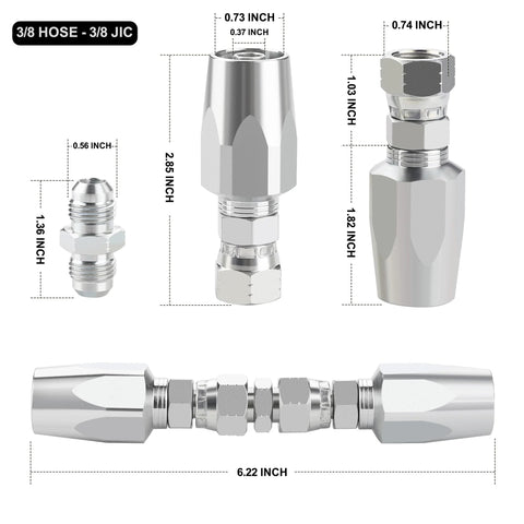 Front view of ANCIMOON 2-pack 3/8 in reusable hydraulic fittings with 6.22 in hose, chrome-plated