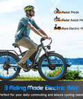 Man riding Beast Mode 3000W Dual Motor Electric Bike With 48V 25Ah Removable Battery, showing 3 riding modes by waterfront.