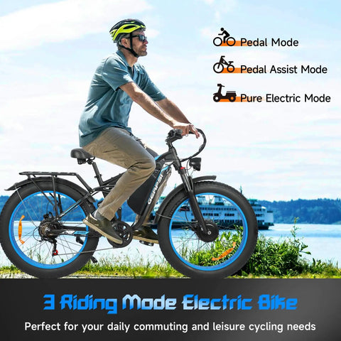 Man riding Beast Mode 3000W Dual Motor Electric Bike With 48V 25Ah Removable Battery, showing 3 riding modes by waterfront.