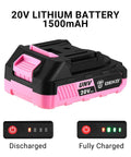 Pink Cordless Drill Kit With Battery And Charger, 20V lithium battery 1500mAh in pink and black, charged and discharged indicators