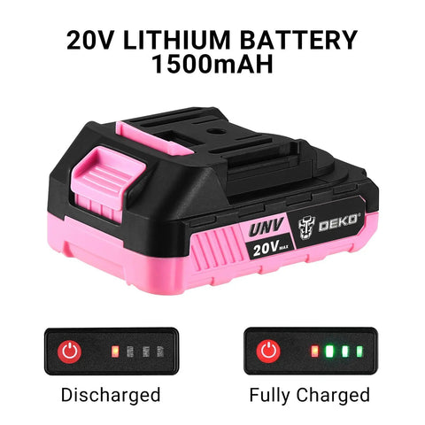 Pink Cordless Drill Kit With Battery And Charger, 20V lithium battery 1500mAh in pink and black, charged and discharged indicators