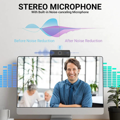 Ultra Crisp 1080P HD Webcam For Pc on laptop with stereo microphone, showing noise reduction effects during a video call.