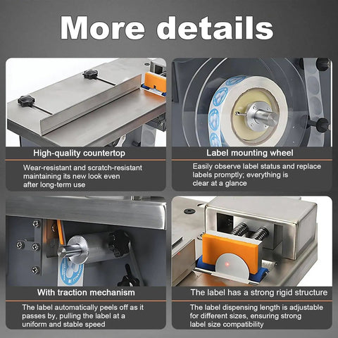 Premium Semi-Automatic Corner Labeling Machine With Digital Touch Screen And Automatic Centering detail shots of countertop, wheel, traction mechanism.