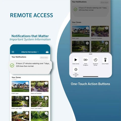 App interface of Hydrawise Pro HC 24 Station WiFi Smart Sprinkler Controller with notifications and one-touch action buttons.