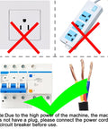 Power connection guide for Heavy Hitter Industrial Heat Shrink Tunnel, showing prohibited plugs and appropriate circuit breaker.