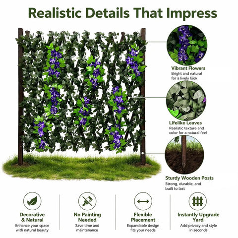 Expandable Wooden Privacy Fence Panel With Dope Artificial Flowers And Greenery for Outdoor Privacy Screen in garden setting