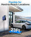 Tesla Level 2 48 Amp EV Charger With App Control for easy at home charging installed on house with 23ft cable reaching Tesla car