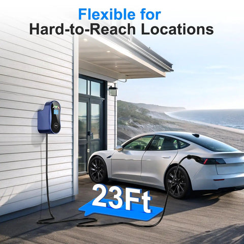 Tesla Level 2 48 Amp EV Charger With App Control for easy at home charging installed on house with 23ft cable reaching Tesla car