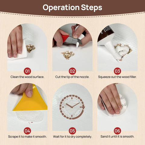 Operation steps for Your Go To Wood Patching Essentials Features Fast Cure Paintable Putty for repairing wood surfaces.