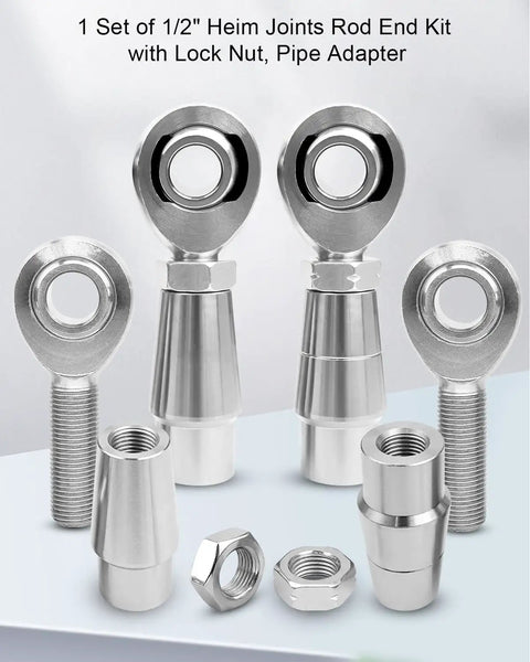 Heavy Duty One Half Inch Heim Joint Rod End Kit With Tube Adapters And Jam Nut For One Inch Tubing Heat Treated And Hard Chrome Plated Twenty TPI High Load Capacity Up To 16238 Lbs Ready To Install, 1/2 in joints
