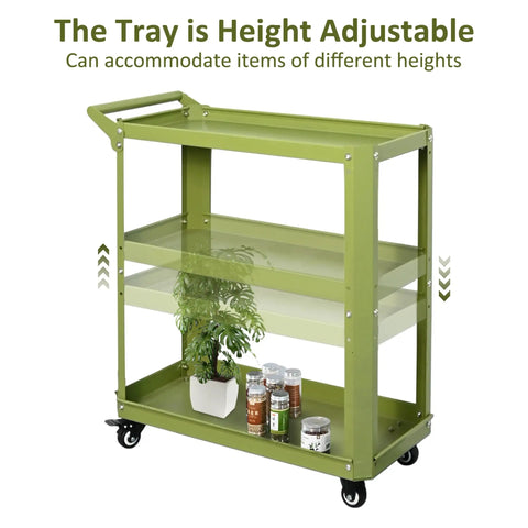 3 Tier Rolling Tool Cart With Lockable Silent Wheels And 330 Lbs Capacity, Heavy Duty Metal Service Cart in green, front view