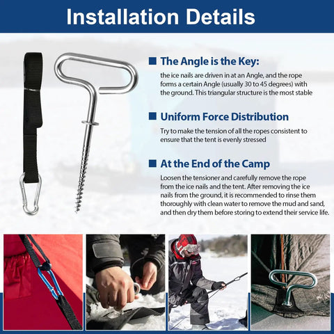 Beefy Heavy Duty Ice Fishing Shelter Tie Down Kit 24260 installation details with ice anchors and strap tighteners for QuickFish/Clam tents