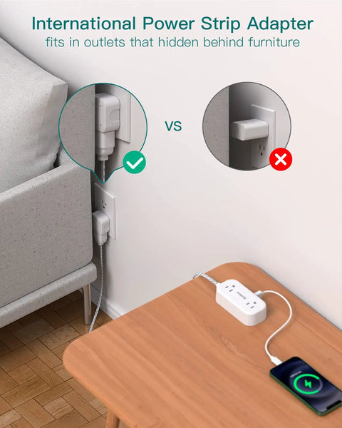 All In One Worldwide Travel Adapter With Dual AC Outlets And Dual USB Ports 20W USB C PD used behind a couch for easy access.